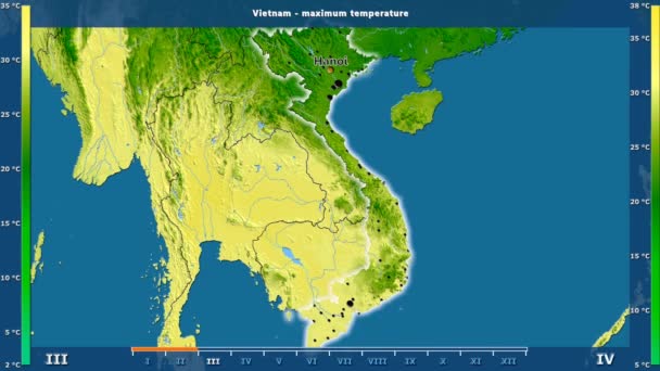 Maximal Temperatur Månad Området Vietnam Med Animerade Legend Engelska Etiketter — Stockvideo