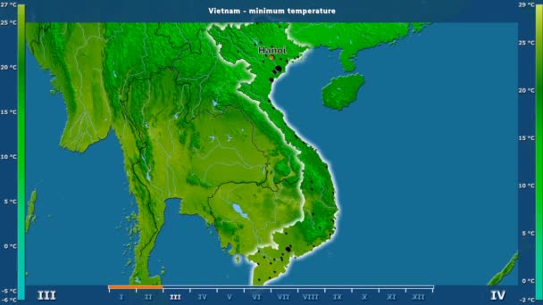 Lägsta Temperatur Månad Området Vietnam Med Animerade Legend Engelska Etiketter — Stockvideo