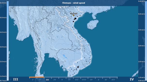 アニメーションの伝説 英語のラベル ベトナム地域の月別風速 国と首都名は マップの説明 平射図法 — ストック動画
