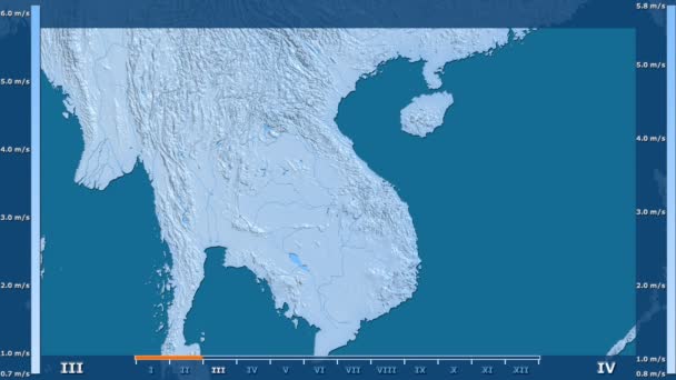 アニメーションの伝説 Raw カラー シェーダーを持つベトナム地区の月別風速 平射図法 — ストック動画