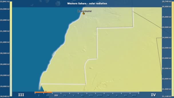 Sonneneinstrahlung Pro Monat Westlichen Sahara Gebiet Mit Animierter Legende Englische — Stockvideo