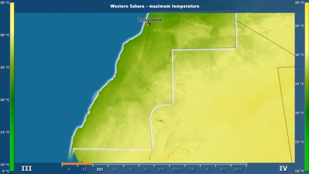 Maximale Temperatur Pro Monat Westlichen Sahara Gebiet Mit Animierter Legende — Stockvideo