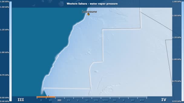 アニメーションの伝説 英語のラベルと西サハラ地域の月別水蒸気圧 国と首都名は マップの説明 平射図法 — ストック動画