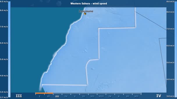 Windgeschwindigkeit Pro Monat Westlichen Sahara Gebiet Mit Animierter Legende Englische — Stockvideo