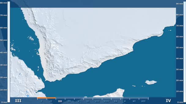降雨雪由月在也门区域以生动的传奇 原始的颜色着色器 球极投影 — 图库视频影像