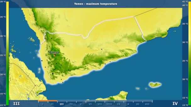 アニメーションの伝説 英語のラベルとイエメン地区月別最高気温 国と首都名は マップの説明 平射図法 — ストック動画