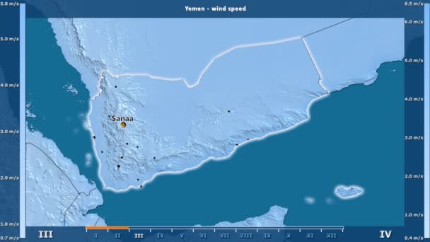 Vindens Hastighet Månad Jemen Med Animerade Legend Engelska Etiketter Landet — Stockvideo