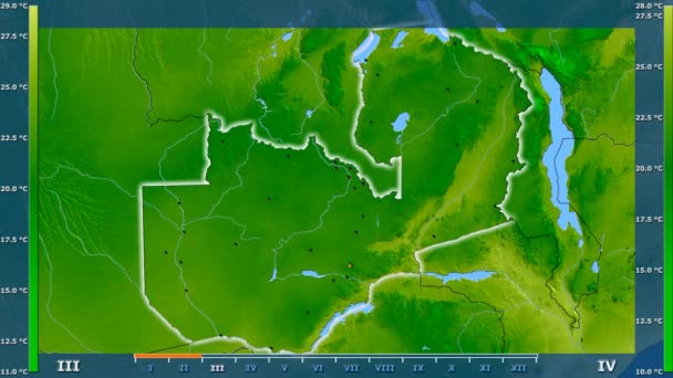 Середня Температура Місяцях Області Замбії Анімованими Легендою Світяться Фігури Адміністративні — стокове відео