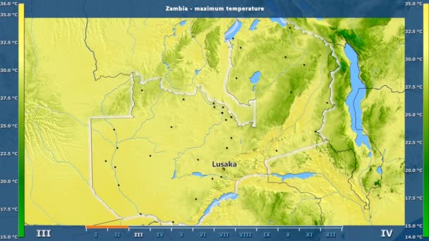 Maximal Temperatur Månad Området Zambia Med Animerade Legend Engelska Etiketter — Stockvideo