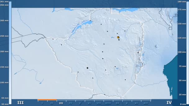 Nederbörden Månad Området Zimbabwe Med Animerade Legend Glödande Form Administrativa — Stockvideo