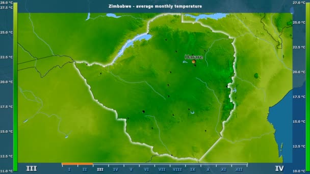 アニメーションの伝説 英語のラベルとジンバブエ地区月別平均気温 国と首都名は マップの説明 平射図法 — ストック動画