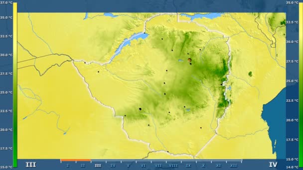 Maximum Temperature Month Zimbabwe Area Animated Legend Glowing Shape Administrative — Stock Video