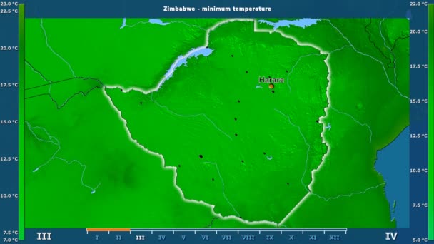 Minimum Temperatuur Maand Het Gebied Van Zimbabwe Met Geanimeerde Legend — Stockvideo