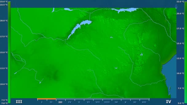 Минимальная Температура Месяцам Зимбабве Анимированной Легендой Цветной Шейдер Стереографическая Проекция — стоковое видео