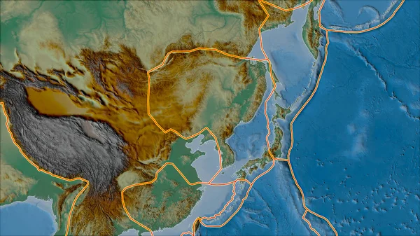 Tectonic plates borders on the relief map of areas adjacent to the Amur plate area. Van der Grinten I projection (oblique transformation)