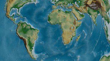 Afrika tektonik tabakasının çevresindeki bölgenin fiziksel haritası. 3B görüntüleme