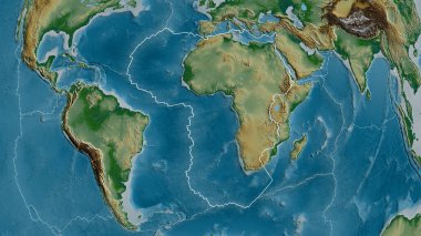 Afrika tektonik plakasının dış hatları fiziksel bir haritanın arka planına karşı çevreleyen plakaların sınırları. 3B görüntüleme