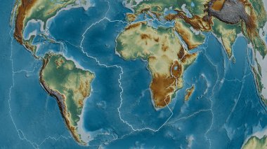 Afrika tektonik levhasının dış hatları ve çevresindeki plakaların kenarları bir yardım haritasının arka planına karşıdır. 3B görüntüleme