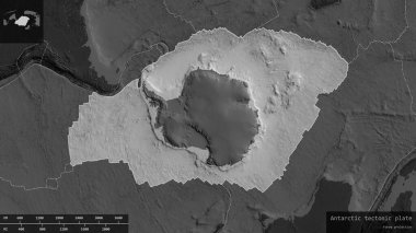 Antarktika plaka şekli, bilek haritasının karanlık ve doyumsuz arka planında, bilgilendirici örtülerle çizilmiş. 3B görüntüleme