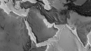 Gri tonlu bir haritanın arka planına karşı çevresindeki plakaların sınırlarıyla Arap tektonik plakasının ana hatları. 3B görüntüleme