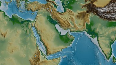 Fiziksel bir haritanın arka planına karşı çevresindeki plakaların sınırlarıyla Arap tektonik plakasının ana hatları. 3B görüntüleme