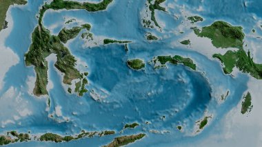 Banda Denizi tektonik plakası etrafındaki bölgenin uydu haritası. 3B görüntüleme