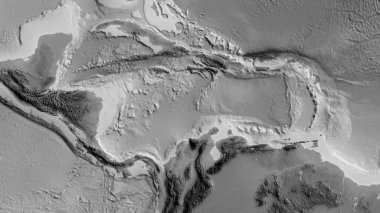 Karayip tektonik plakasının etrafındaki bölgenin gri tonlu haritası. 3B görüntüleme