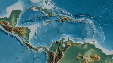 Karayip tektonik plakasının ana hatları ve çevresindeki plakaların kenarları bir yardım haritasının arka planında. 3B görüntüleme