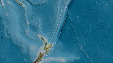 Kermadec tektonik plakasının ana hatları ve çevresindeki plakaların kenarları bir yardım haritasının arka planına karşıdır. 3B görüntüleme