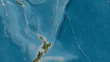 Kermadec tektonik plakasının ana hatlarıyla uydu haritasının çevresindeki plakaların sınırlarını karşılaştırın. 3B görüntüleme