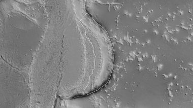 Mariana tektonik plakasının ana hatları. Gri tonlu bir haritanın arka planına karşı çevreleyen plakaların sınırları. 3B görüntüleme