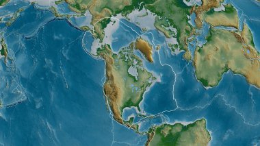 Kuzey Amerika tektonik plakasının dış hatları fiziksel bir haritanın arka planına karşı çevreleyen plakaların sınırları. 3B görüntüleme