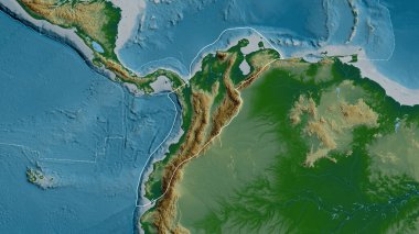 Outline of the North Andes tectonic plate with the borders of surrounding plates against the background of a physical map. 3D rendering clipart