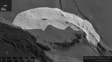 Kuzey Bismarck plaka şekli, bilek haritasının karanlık ve dedoymamış arka planında, bilgilendirici örtülerle özetlenmiştir. 3B görüntüleme