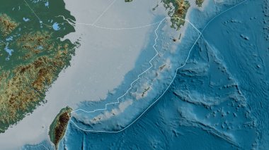 Okinawa tektonik plakasının ana hatları ve çevresindeki plakaların kenarları bir yardım haritasının arka planında. 3B görüntüleme