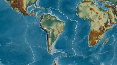 Güney Amerika tektonik plakasının dış hatları ve çevre plakaların kenarları bir yardım haritasının arka planına karşıdır. 3B görüntüleme