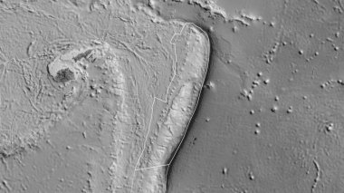 Tonga tektonik plakasının ana hatları. Gri tonlu bir haritanın arka planına karşı çevreleyen plakaların sınırları. 3B görüntüleme