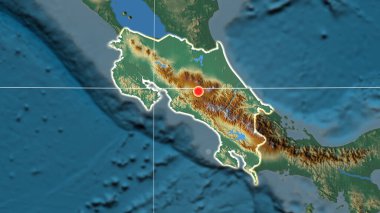 Yardımcı ortografik haritada Kosta Rika ana hatlarıyla belirtilmiş. Sermaye, idari sınırlar ve memnuniyet