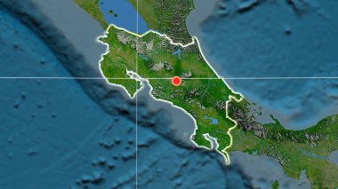 Kosta Rika uydu ortografik haritasında ana hatlarıyla belirtilmiş. Sermaye, idari sınırlar ve memnuniyet