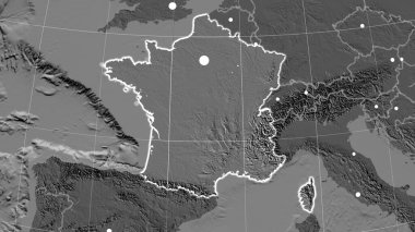 Fransa, bileklik ortografik haritasında ana hatlarıyla belirtilmiş. Sermaye, idari sınırlar ve memnuniyet