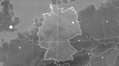 Almanya gri tonlu ortografik haritada yer aldı. Sermaye, idari sınırlar ve memnuniyet