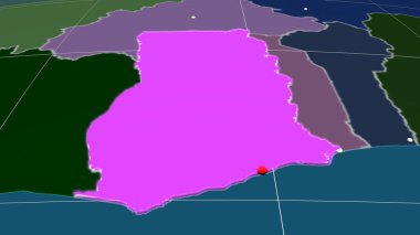 Gana, idari ortografik haritada yer aldı. Sermaye, idari sınırlar ve memnuniyet