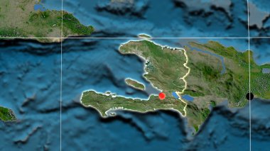 Haiti uydu ortografik haritasında ana hatlarıyla belirtilmiş. Sermaye, idari sınırlar ve memnuniyet