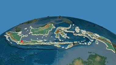 Endonezya rahatlama ortografik haritasında yer aldı. Sermaye, idari sınırlar ve memnuniyet