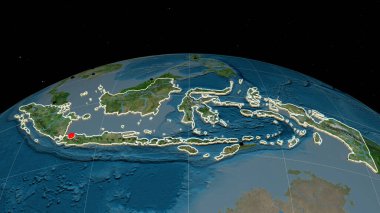Endonezya uydu ortografik haritasında çıktı. Sermaye, idari sınırlar ve memnuniyet