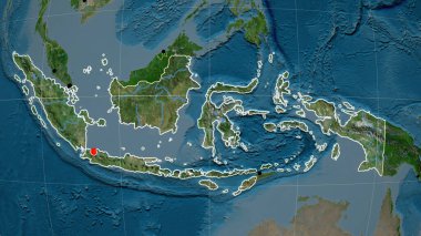 Uydu ortografik haritasında Endonezya ana hatlarıyla belirtilmiş. Sermaye, idari sınırlar ve memnuniyet