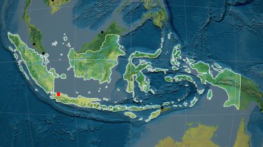 Endonezya topografik ortografik haritada özetlenmiştir. Sermaye, idari sınırlar ve memnuniyet
