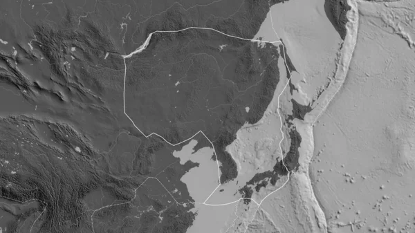 レベルマップを背景に周囲のプレートの境界を持つアムール地殻プレートの概要 3Dレンダリング — ストック写真