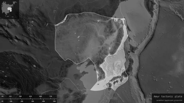 情報量の多いオーバーレイを持つグレースケールの地図の暗く 不規則な背景に概説アムールプレートの形状 3Dレンダリング — ストック写真