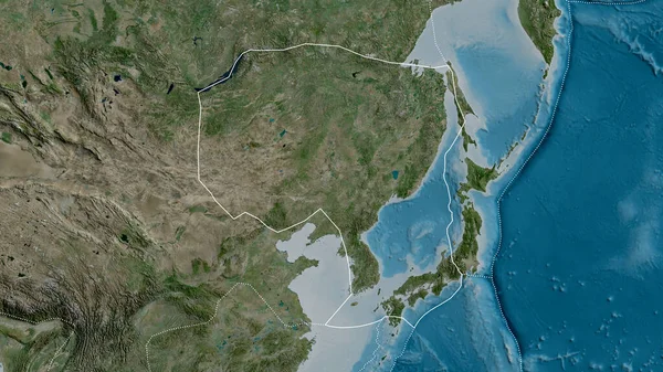 Obrys Tektonické Desky Amur Okraji Okolních Desek Pozadí Satelitní Mapy — Stock fotografie